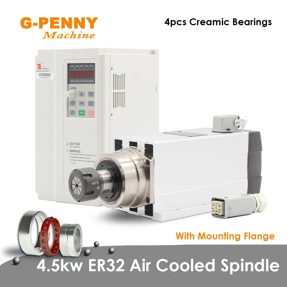 CNC 220V 380V 4.5kw ER32 air cooled spindle motor Air cooling Ceramic ball bearings spindle with 5.5kw Variable Frequency Driver