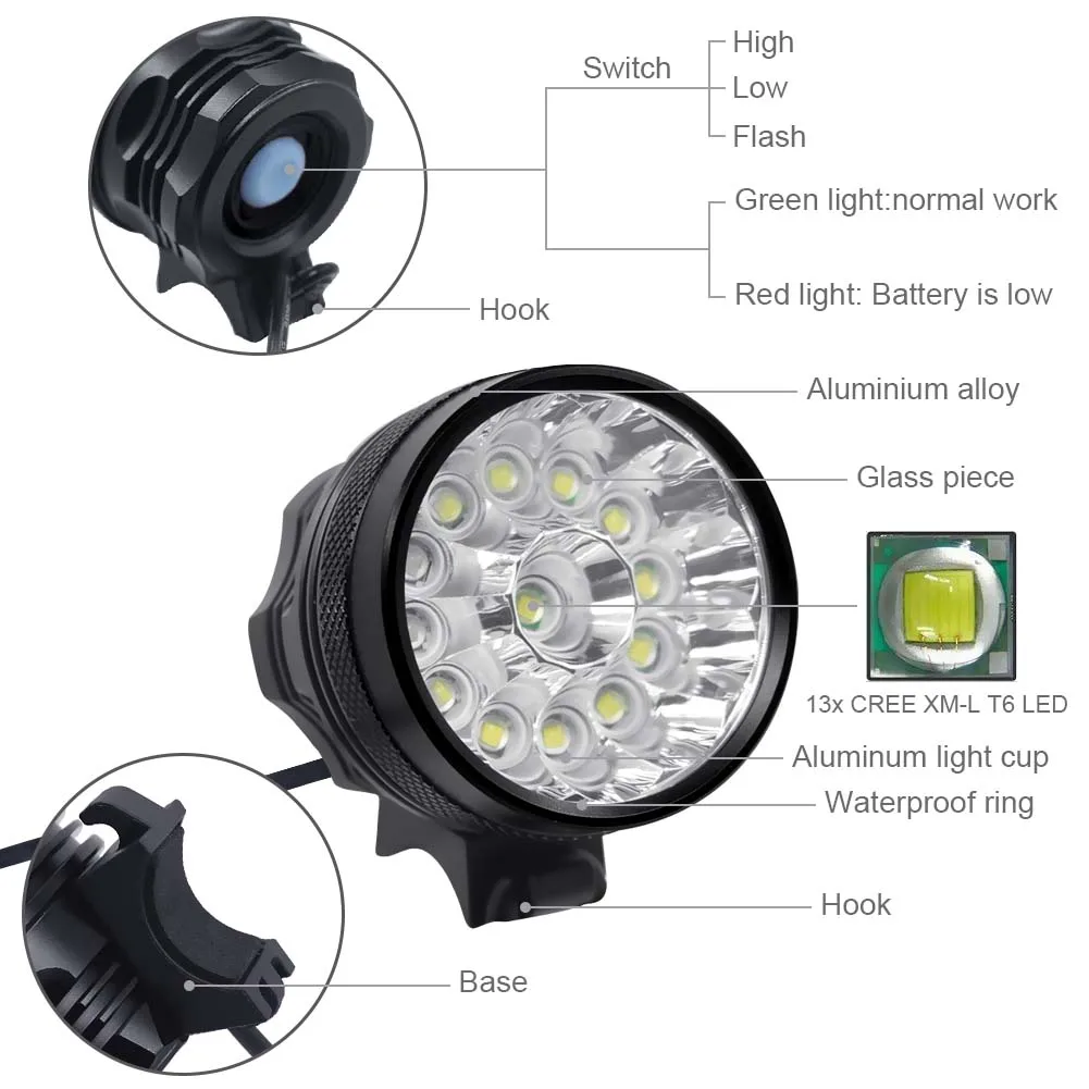 13*XML-T6 LED Bicycle Light Front Lantern 30000 Lumens Bike Headlight Cycling Head Lamp Flashlight for Outdoor Night Riding