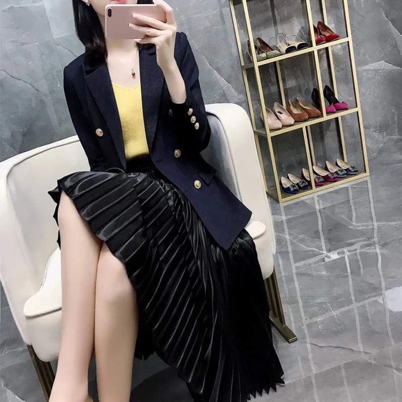 Blazer Desainer Fashion Baru Musim Semi Blazer Panjang Wanita Kancing Metal Berkancing Dua Baris Lengan Panjang Pakaian Luar Ukuran Plus 5XL