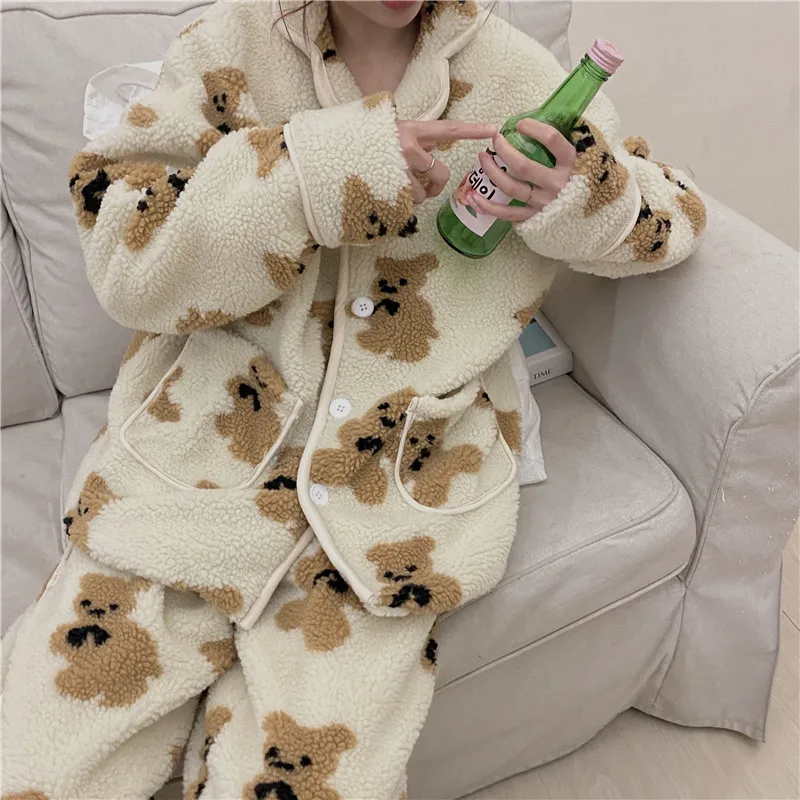 Cartoon Bear Winter Pajamas Set Women Coral Fleece Cardigans + Long Pants Set Two Piece Home Suit Kawaii Sleepwear Homewear