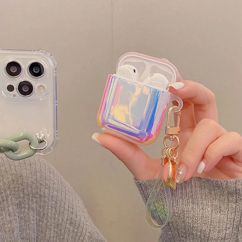 Luksusowe Gradient Laser TPU miękkie słuchawki Case dla apple airpods pro 3 zestaw słuchawkowy pokrywa dla AirPods 2/1 Shell Box Pearl Gem Key Ring