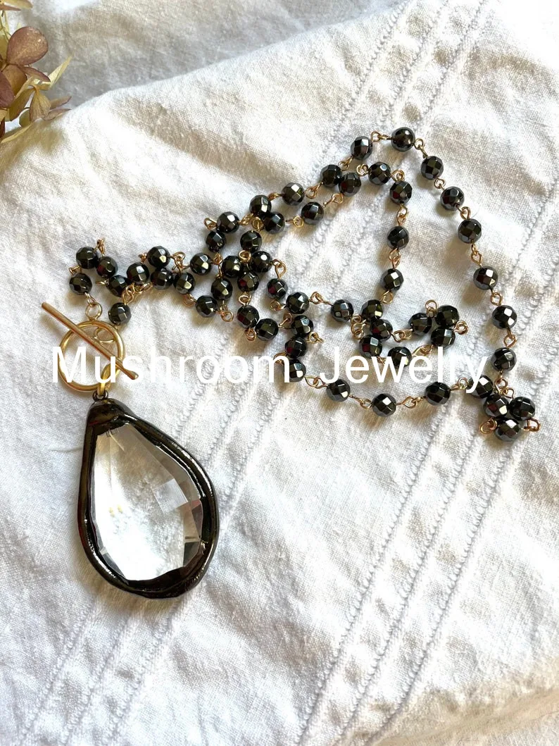 Hematite Bead Gold Electroplated Rosary Link Bead Black Clear Crystal  Soldered Pendant Long Necklace