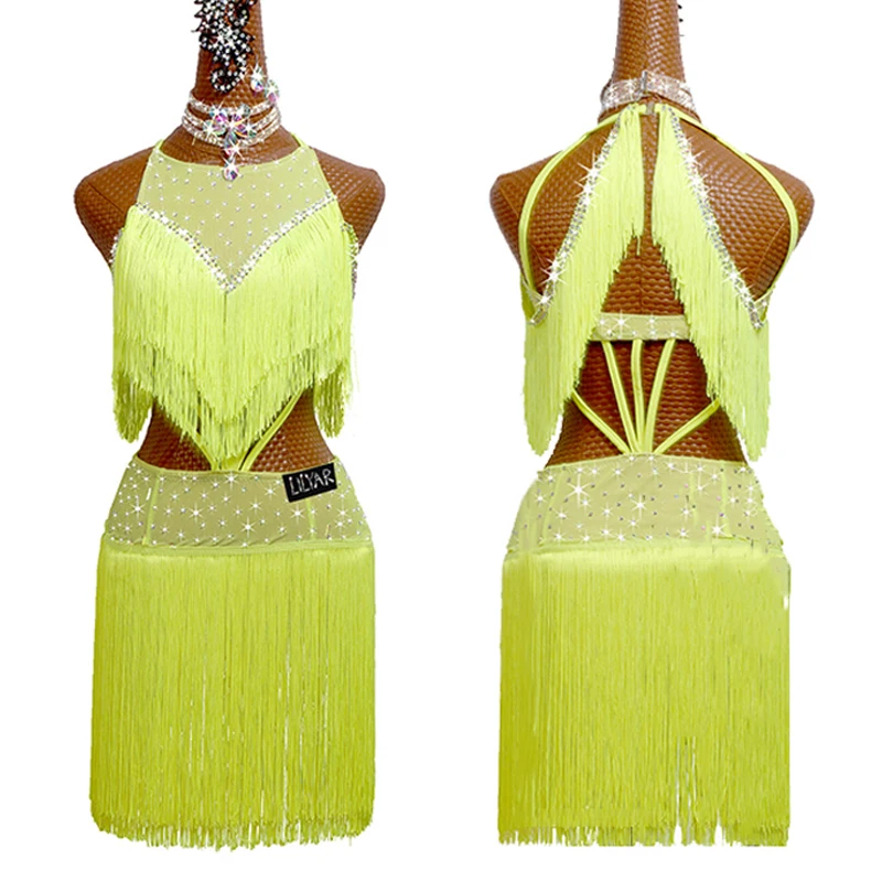 2021 Latin Dance Dress Fluorescent Yellow Fringe Competition Dresses Women Girls Cha Cha Rumba Dance Costume Stage Wear BL6745