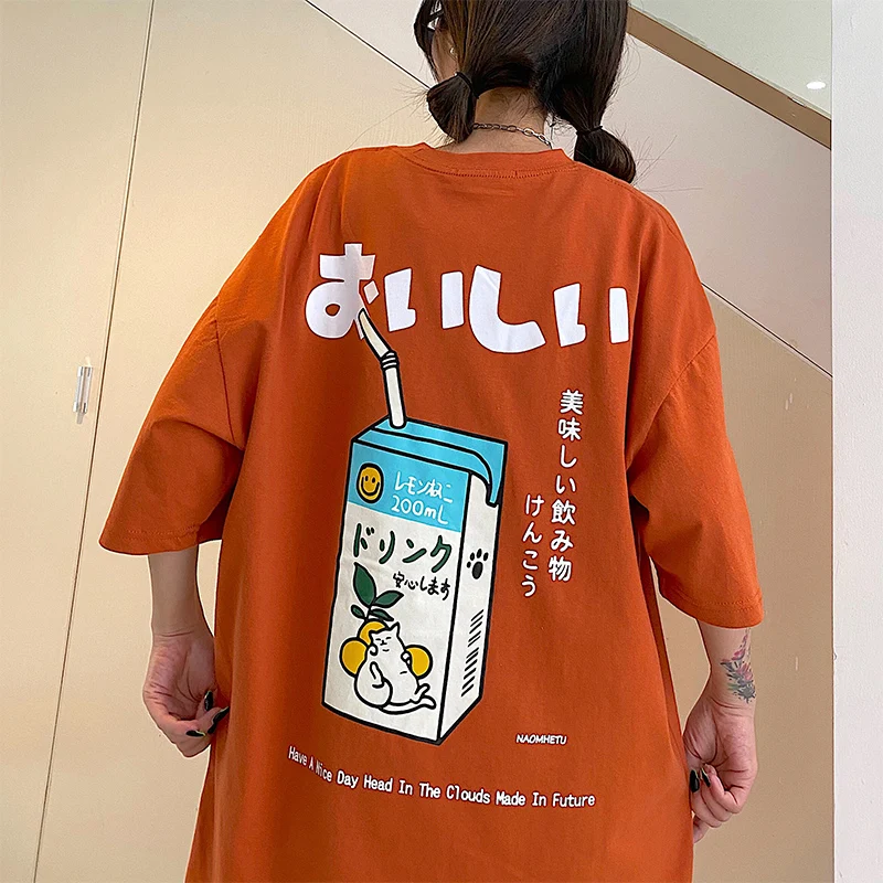 Cotton Hip Hop Tshirt Women Japanese Kanji Letter Drink Print T Shirt Oversized Streetwear Harajuku Summer New Teens Casual Tops