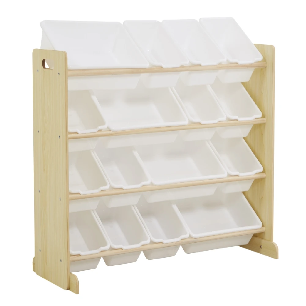 Wooden Kids' Toy Storage Organizer Storage Rack with 16 Plastic Bins X-Large  Natural / White US Warehouse