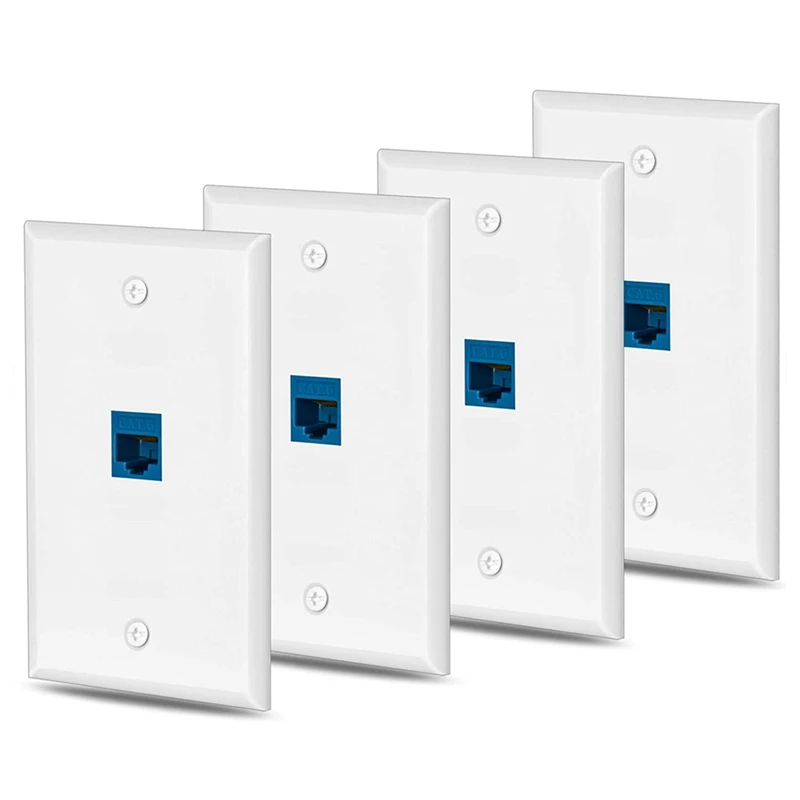 4x Cat6 Ethernet Wall Plate Outlet 1 Port RJ45 Network Female To Female Keystone Wall Coupler Jack Plate White & Blue