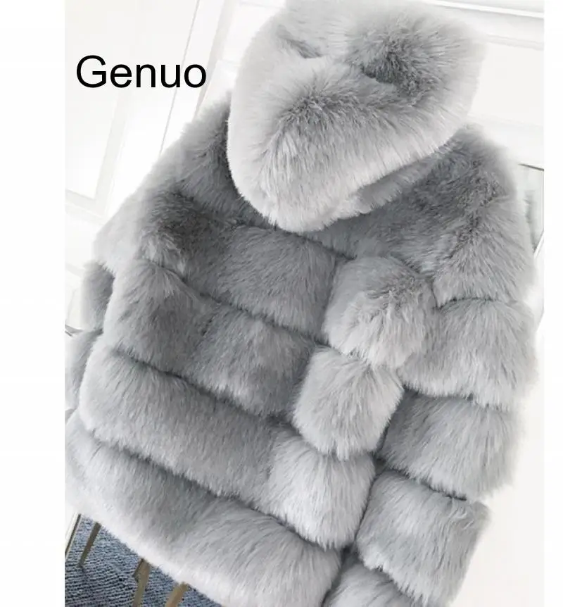 Women Faux Fur Hoodie Thick Coat Faux Sheep Fur Fox Fur Coat Warm Long Sleeve  Jacket Hooded Fur Overcoat 2020 New