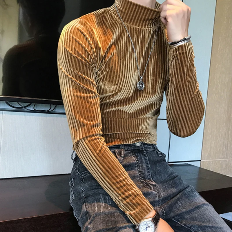 2021 Autumn Winter Turtleneck Velvet T-Shirt Men Slim Striped Casual Tight T-Shirt Men Long Sleeve Club Clothing Camiseta Homme