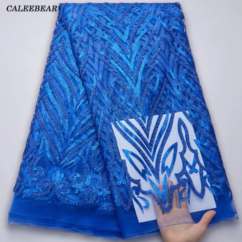 

Latest African Lace Fabric 2022 Royal Blue Glitter Tulle Lace Beaded Nigerian Fabric Lace Embroidered For Wedding Party S2757