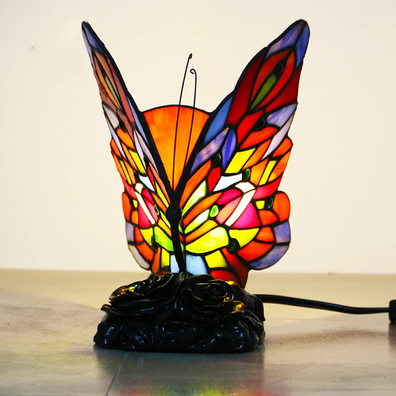 SAROK Butterfly Table Lamp Tiffany DIY Glass Table Light Bedroom Bedside Living Room Decoration Night Light