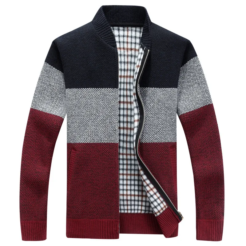 Winter Fashion Patchwork Men\'s Knitted Jackets Thick Comfy Long Sleeve Sweater Coat Warm Stand Collar Fall Tide Casual Cardigan