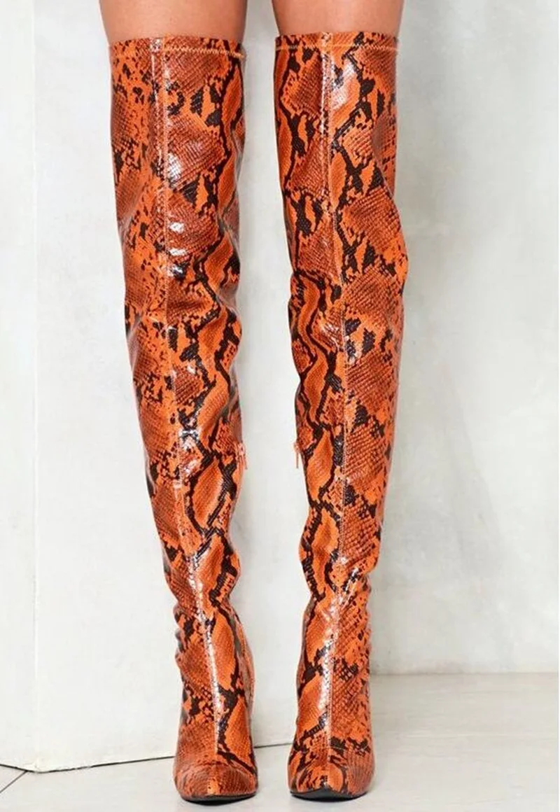 

Orange Snakeskin Over The Knee Boots Women High Heel Winter Long Boots Pointed Toe Python Leather Thigh High Boots Customized