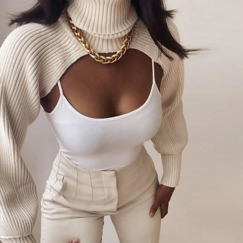 Women Lantern Long Sleeve Sweater Sexy Hollow Out Turtleneck Solid Color Crop Top Ribbed Knit Loose Shrug Cover Up