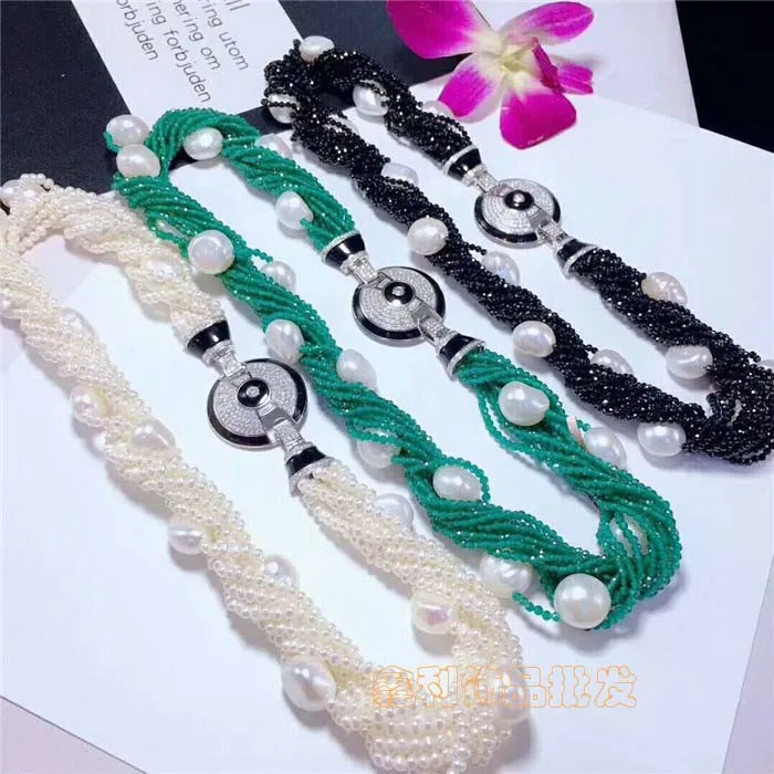 hot sell natural Genuine 8row white Freshwater pearl green black jade Disc Fringe Pendant necklace fine jewelry