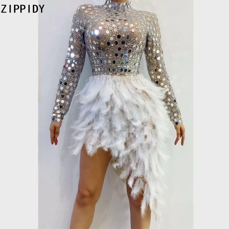 New Feather Silver Sequins Rhinestones Mesh Dress Female Singer MINI Dress Stage Wear Women's Birthday Celebrate Bling Dress