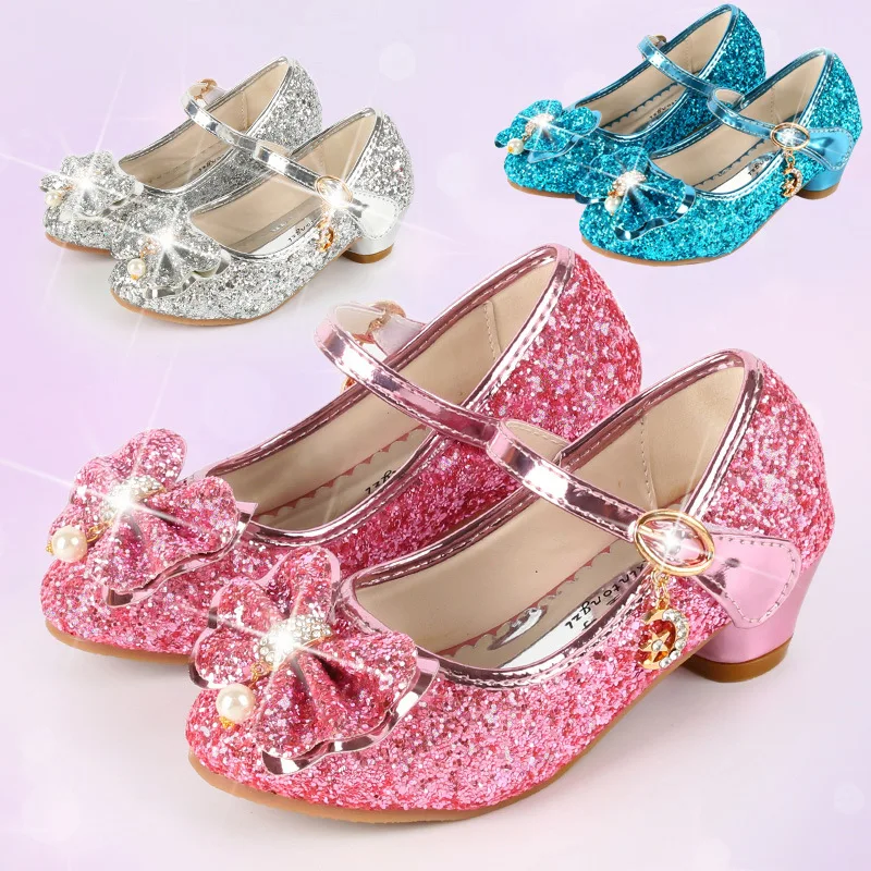 New Princess Kids Leather Shoes For Girls Flower Casual Glitter Party Children High Heel Shoes Butterfly Knot Blue Pink Silver