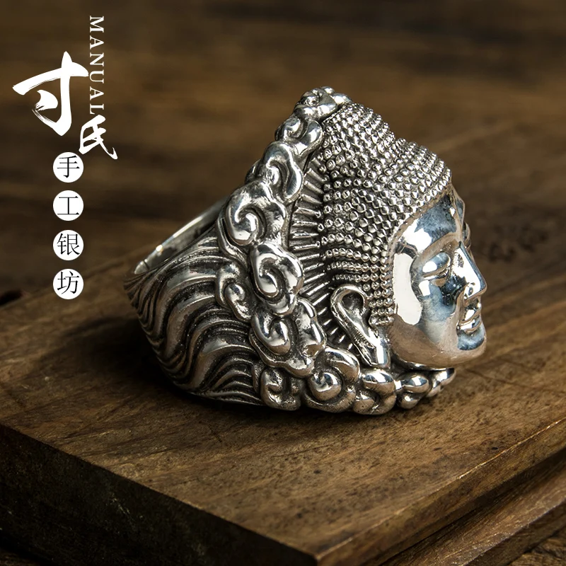 Cunshi original foot silver 999 sterling silver Amitabha ring retro Buddha Buddha Buddha head ring