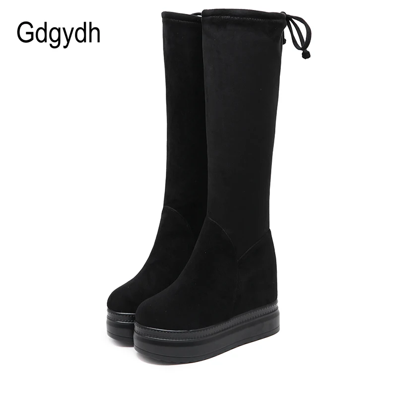 Gdgydh Winter Knee High Boots For Women Fashion Stretch Wedges Height Increasing Ladies Suede Lace Up Platform Boots Black Retro