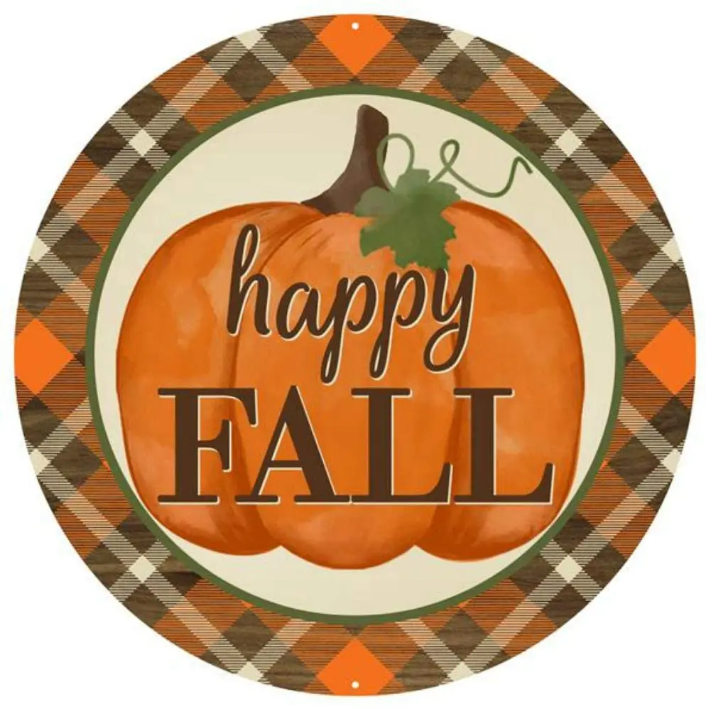 

Craig Bachman 12" Round Metal Sign: Plaid Happy Fall Metal Fall Autumn Wreath Accent Sign MD0431 30X30Ccm