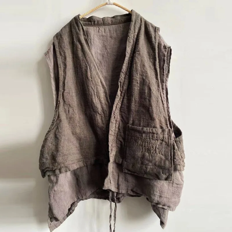 Coletes de linho de algodão sem mangas feminino, Tops Vintage, Blusa casual irregular com renda, dois falsos costurados, Design Primavera, Vintage