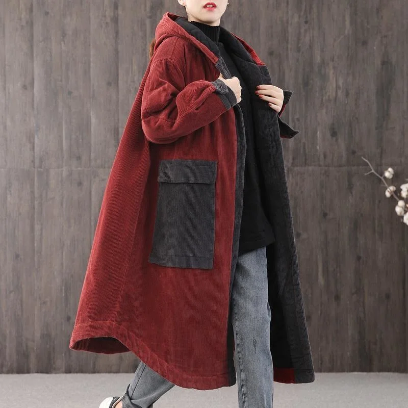 Fashion Corduroy Jacket Big Pocket Plus Cotton Thick Hooded Padded Coat Women\'s Autumn Winter Loose Casual Long Cloak Parka