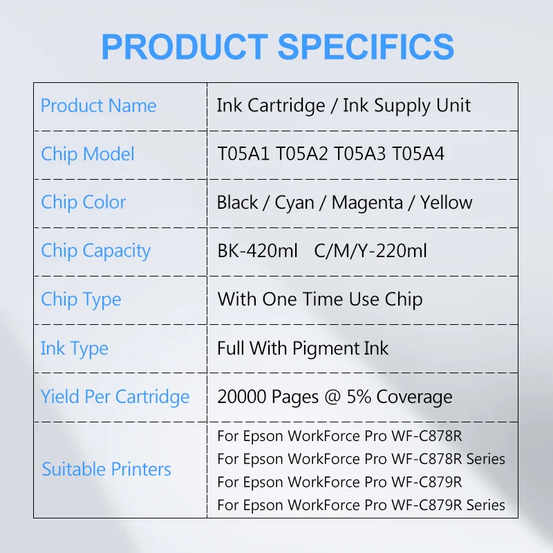 1pc T05A1 T05A4 Ink Cartridge With Pigment Ink For Epson WorkForce Pro WF-C878R WF-C879R C878R C879R Printer Ink Bag Europe only