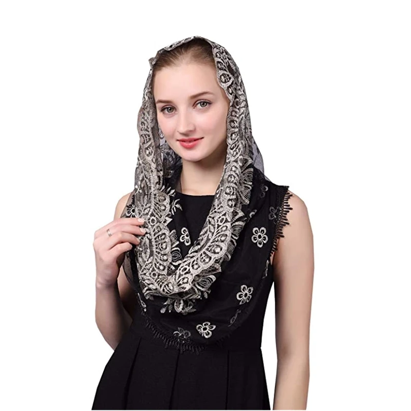 Velos de Mantilla negros y dorados para mujeres, velo de Iglesia Católica para cubrir la cabeza, envoltura de cabeza tradicional, bordado Floral, encaje redondo de tul