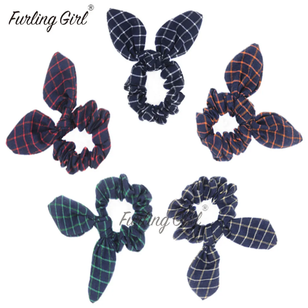 

Furling Girl 1PC Quality Korean Plaid Design Bunny Ears Hair Scrunchies Cotton Fabric Bow Elastic Hair Bands Hair Accessories