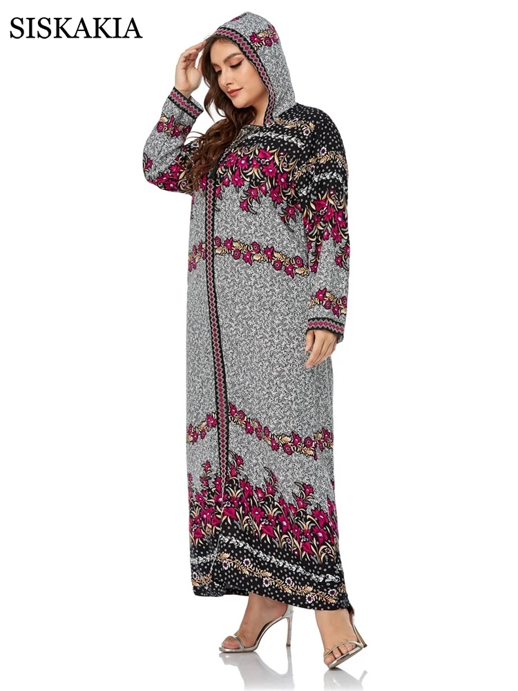 Siskakia Nieuwe 2021 Jurk Plus Size Vintage Vrouwen Hooded Jurken Mode Bloemen Lange Mouw Slash Hals Losse Dagelijks Gewaden Vrouwelijke