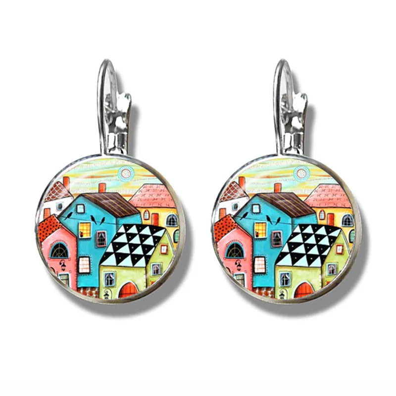 New Arrival Colorful House and Tree Sliver Color Earring Tree of Life France Earrings for Women Yoga Amulet Mandala EarHook Gift