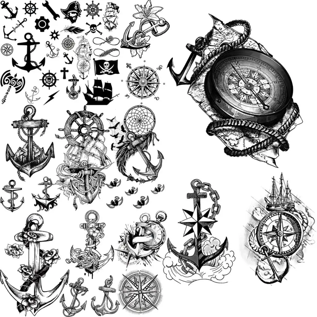 Tatuagem temporária com âncora de bússola preta, tatuagem realista para  homens e adultos, navio pirata, flor infinita, adesivo de tatuagem falsa,  braço traseiro / Tatuagem e arte corporal, image size:1024x1024