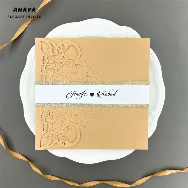 

Free Shipping 50pcs Dark Gold Laser Cut tri-fold Wedding Invitation Cards Kit Envelope Personalized Pocket Invite RSVP