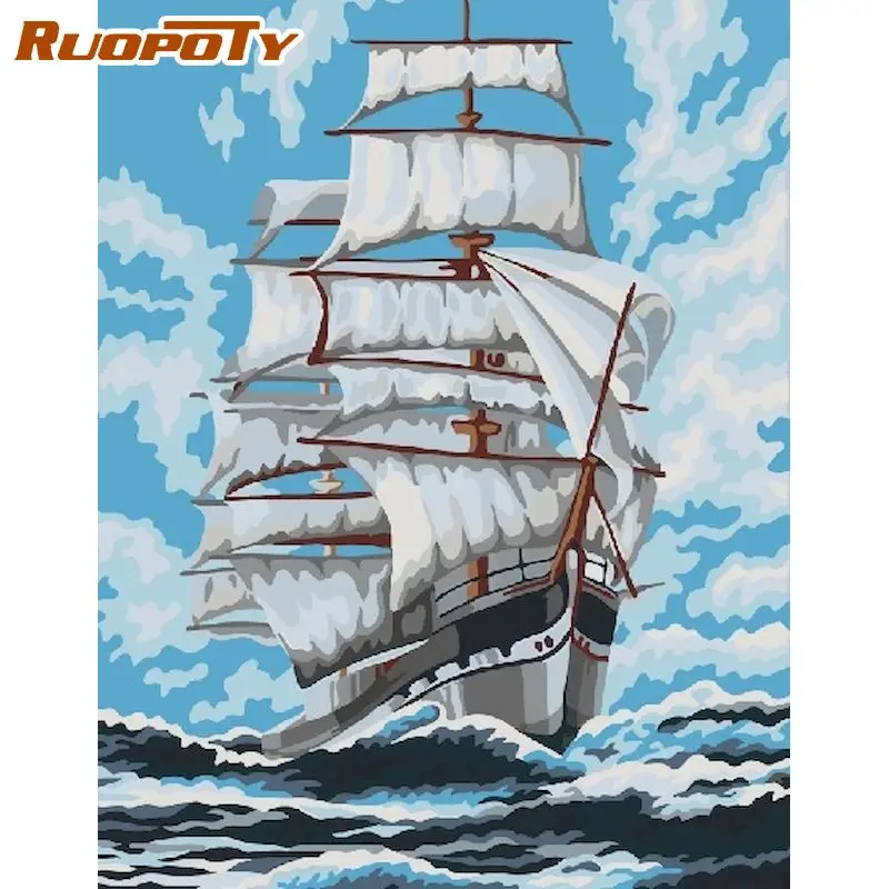 

RUOPOTY DIY Picture By Number Kit For Adults Children Ship Sail On Ocean Scenery Oil Paint Handmade DIY Gift 40x50cm Frame Paint