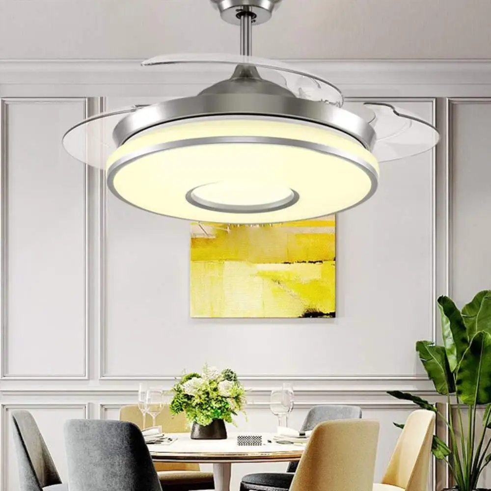 Ceiling Fan with Lights Remote Control Retractable Blades 42” LED Chandelier Three Speeds Three Color Changes Lighting Fixture