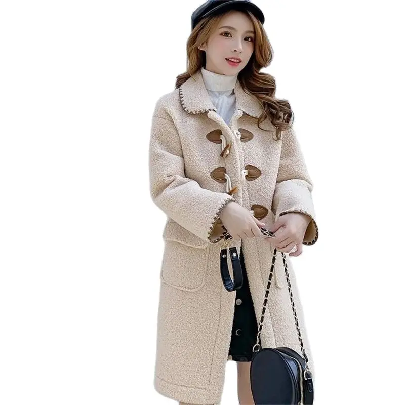 Lamb Wool Trench Coat Women's 2021 Spring And Autumn New Korean Version Loose Lamb Wool Plush Outwear Mid-Length Jacket M486