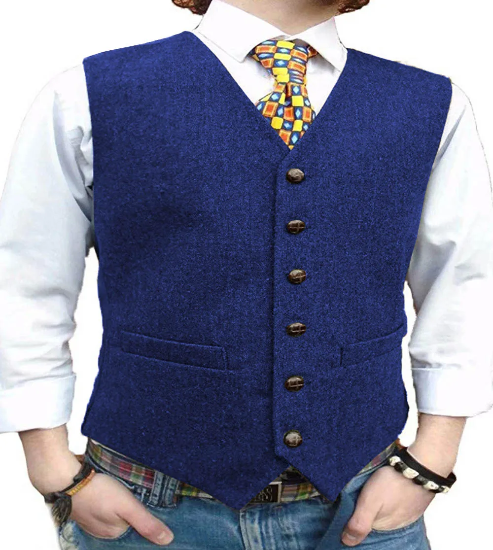 New Men's Vest Casual Suit Vest Wool Tweed Waistcoat Slim Fit Groomsmen For Wedding Royal Blue ，grey，black，green，red，burgundy