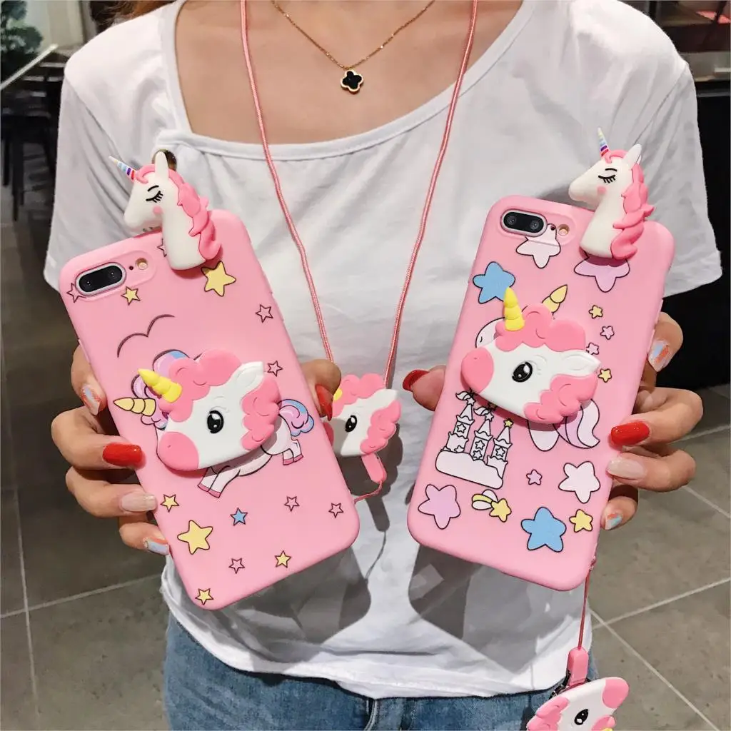 Unicorn For Samsung S7 S8 S9 S10 S20 Plus Note 9 10 Plus A20 30 50 70 A51 A71 Case TPU Case Ring Soft Phone Strap Rope Case