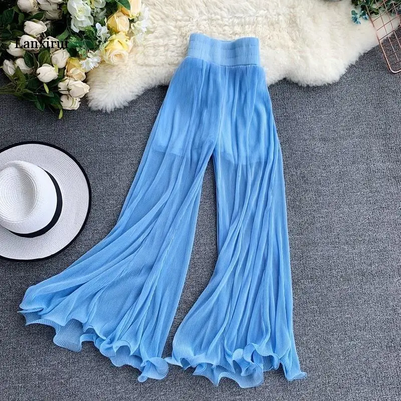 Summer Cool High Waist Pleated Pants Female Thin Simple Loose Flare Pants Women Trousers Black Navy Blue Wide Leg Long Pants