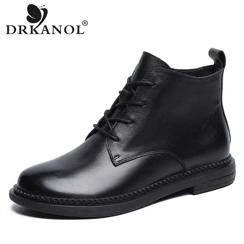 DRKANOL 2024 Classic Black Women Genuine Leather Boots Winter Warm Flat Heel Ankle Boots Ladies Round Toe Casual Leather Shoes