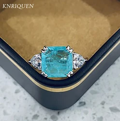 Real 925 Sterling Silver Square 10mm Blue Stone Aquamarine Paraiba Tourmaline High Carbon Diamond Rings Jewelry Gifts for Women