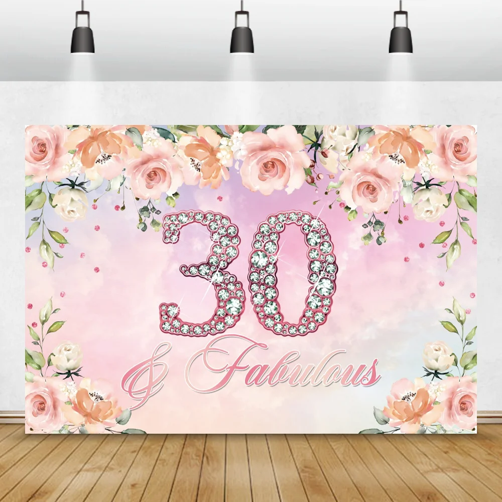 Fabulous Women's 30th Birthday Background Pink Flowers Shiny Diamonds Friend Party Portrait Custom Poster Photography Backdrop