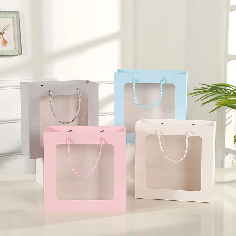 10pcs Transparent Gift Bag Handbag Birthday Wedding Flower Packaging Portable Paper Bag Jewelry Bag Flower Packing Organizer