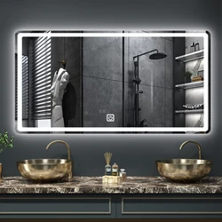 50X70cm Rectangular Smart Demist Bathroom Mirror 3 Color Adjustable LED Multifunction LIght With Brightness Sensory Switch