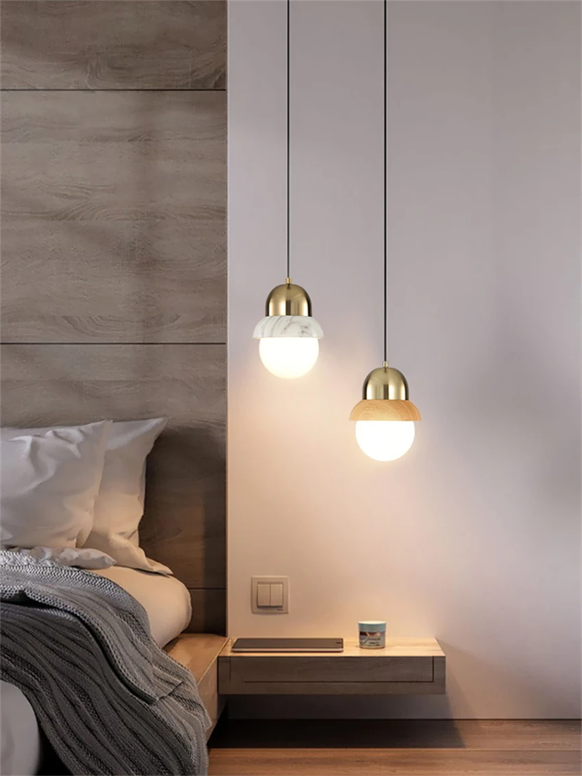 

Nordic metal Wood grain pendant lights bedroom bedside light living room kitchen resin glass ball decorative lighting LED lamps