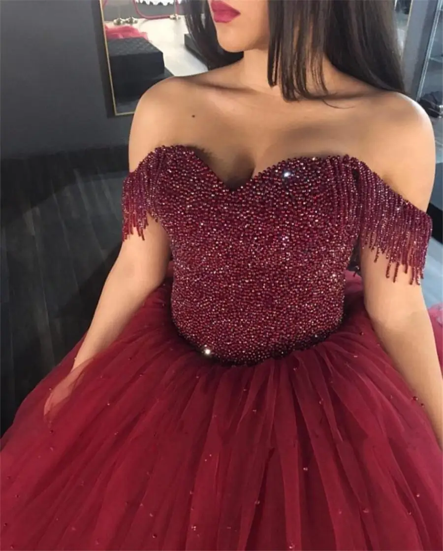 Vestidos de Fiesta de tul burdeos, Ropa de baile sin hombros con borla, pesado con cuentas vestido de novia, vestidos de noche de soriee, 2020