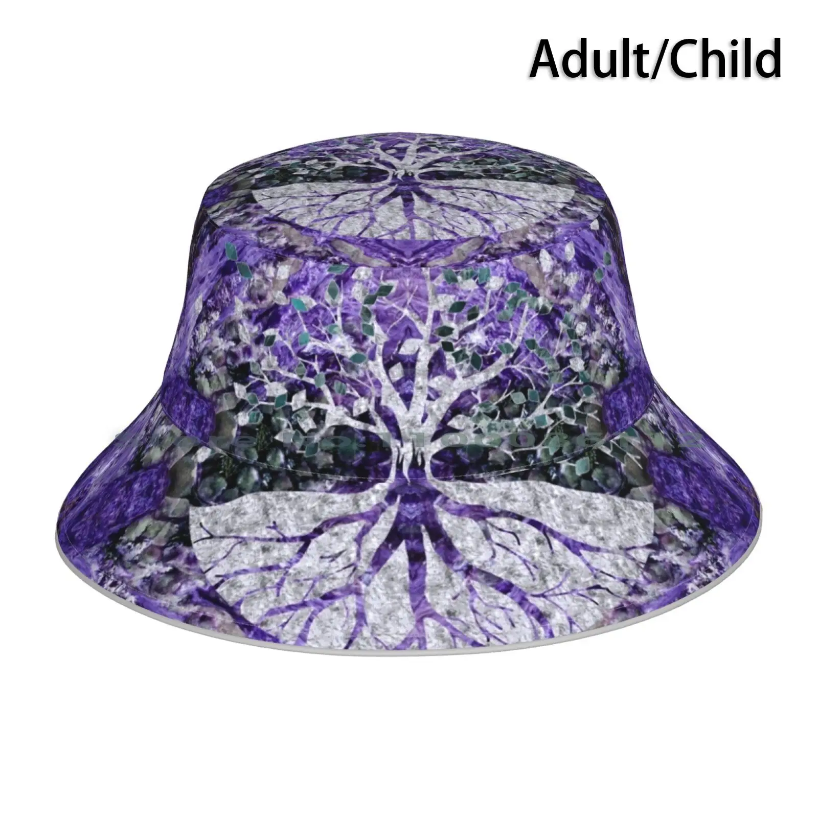 Silver Tree Of Life Yggdrasil On Amethyst Geode Bucket Hat Sun Cap Amethyst Purple Stone Marble Violet Crystal Mineral Geode