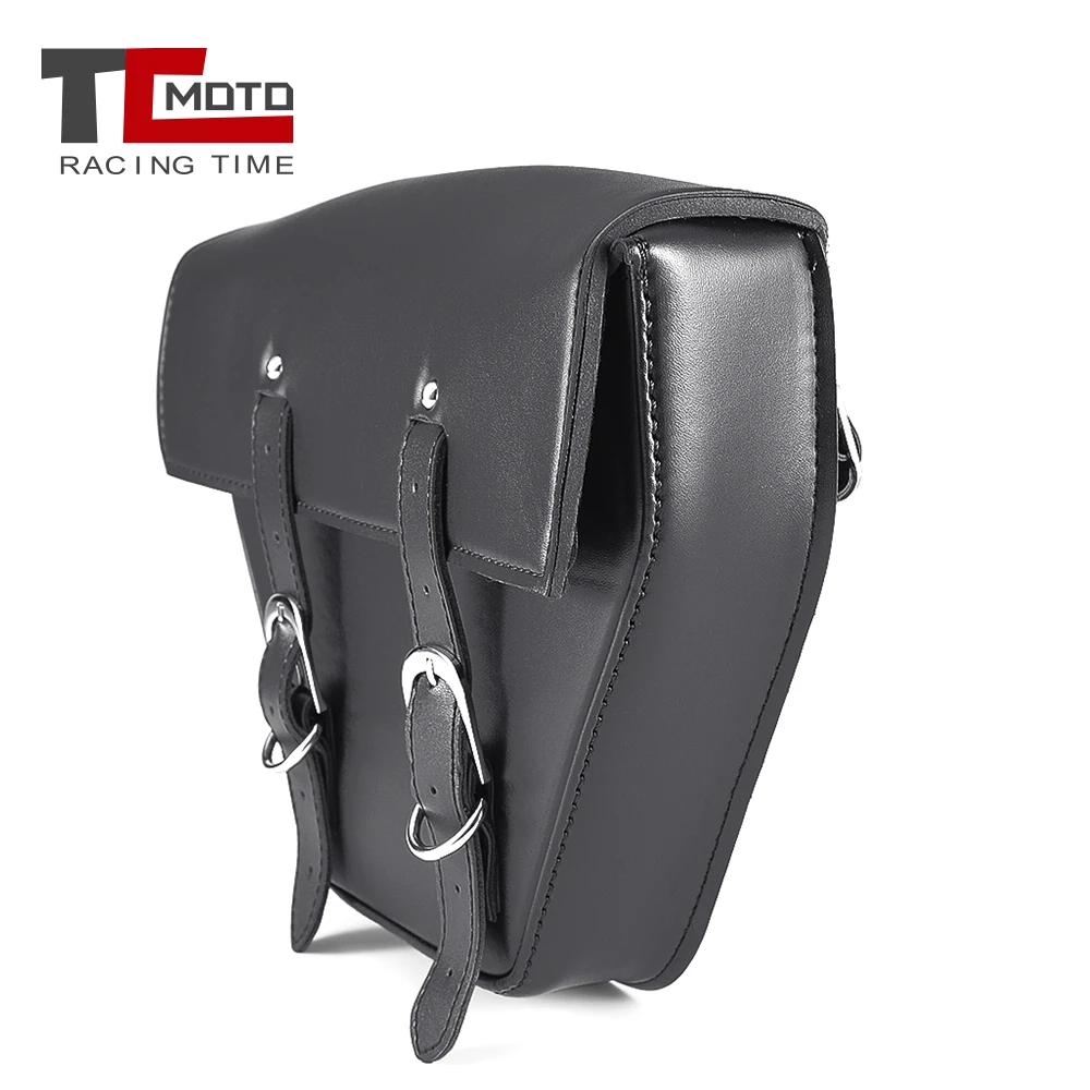 TCMOTO Universal Black Motorcycle Saddlebag Leather Bag Storage Tool Pouch for Harley Sportster XL883 Cafe Racer Honda