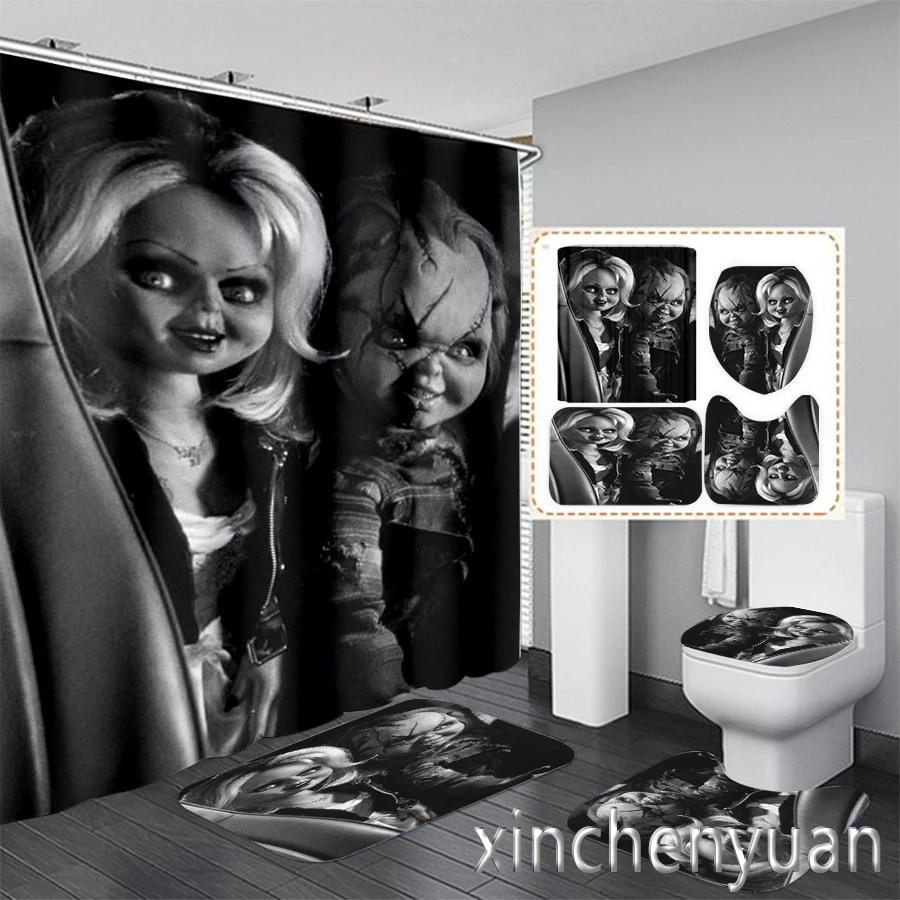 Horror Movie Chucky 3D Printing Waterproof Bathroom Shower Curtain Toilet Cover Mat Non-Slip Floor Mat Rug (1/3/4Pcs) W07