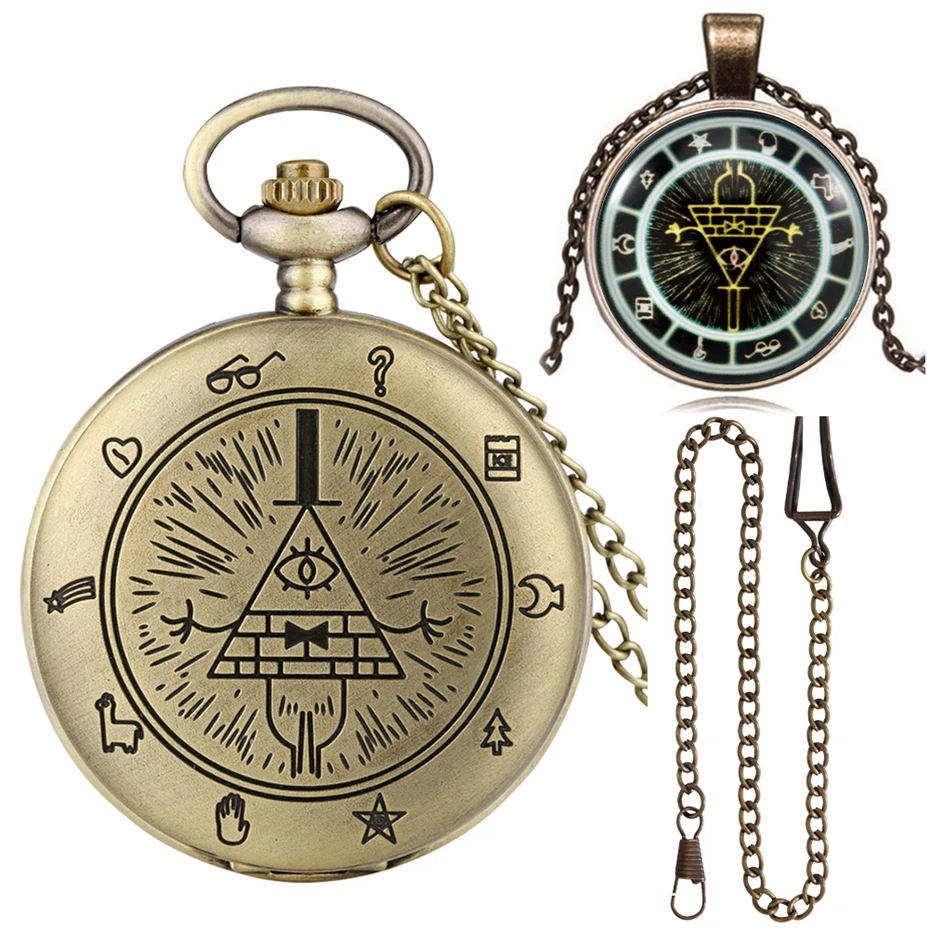 Vintage Antique Quartz Gravity Bill Cipher Fall Time Gem Pocket Watch with Gift Box Set Necklace Pendant Jewelry for Men Women