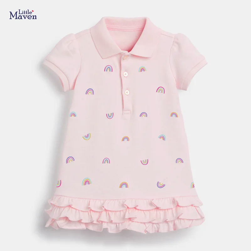 Little maven 2024 Baby Girls Clothes Summer Dress Cotton Lovely Pink Rainbow Dress for Toddler Girl Kids Princess dress 2-7 year